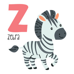 Cute flat vector illustration. Cute zebra and letter Z. Animals and letters of alphabet . Vector illustration