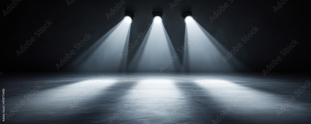 Poster three beams of light create a dramatic effect in a dark studio setting, perfect for backgrounds and 