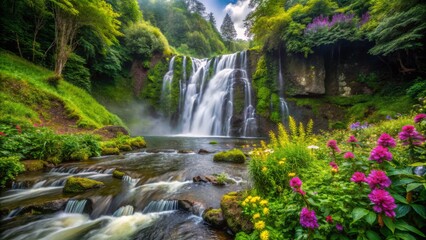 Tutea fallscataract type waterfall in June with vibrant greenery and wildflowers blooming around the base, surrounded by morning dew