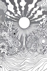 Abstract black and white line art drawing of a sun rising over a landscape of swirling lines and circles.