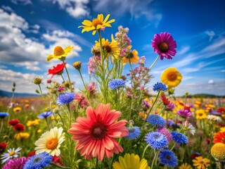 A cluster of wildflowers blooms in a field, their colors vibrant against the soft blue sky, with a shallow depth of field, blurring the background and highlighting the main bouquet.