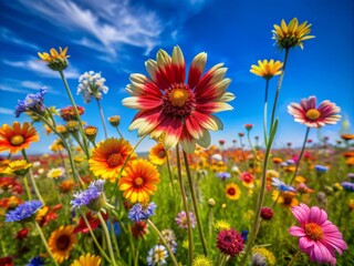 A cluster of wildflowers blooms in a field, their colors vibrant against the soft blue sky, with a macro lens capturing the intricate details of the petals and stamens.