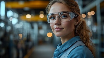 Confident Female Engineer:  A young woman with a determined look, wearing safety goggles and a blue jumpsuit, stands confidently in a factory setting,  representing her strength and expertise.