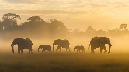 An ethereal photograph of an elephant family moving through a misty morning in the savannah.