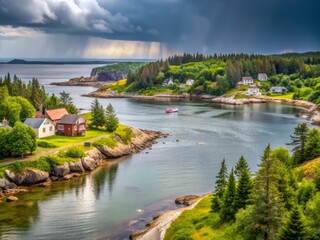 Obraz premium Canadian Maritimes (Rugged coastline with fishing villages and national parks)Rainy Day peaceful river in Nova Scotia with rain-soaked trees and calm waters