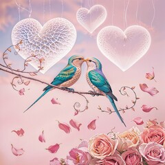 Pastel Birds and Hearts Pattern: A charming watercolor pattern featuring pastel-colored birds and hearts, perfect for Valentine's Day, wedding invitations, or any romantic design project
