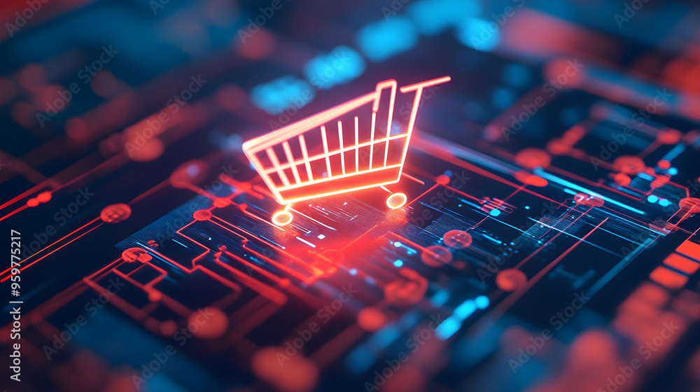 Poster a close-up of a glowing shopping cart icon on a digital circuit background representing e-commerce a
