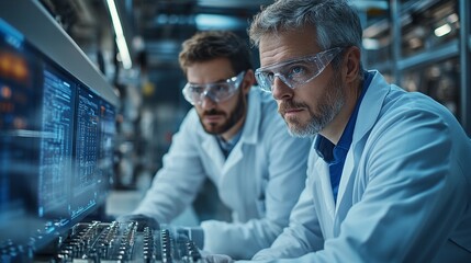 Focused Collaboration: Two scientists, clad in white lab coats, huddle over a computer screen, their gazes fixed on the data as they delve into a complex project, embodying the spirit of scientific.