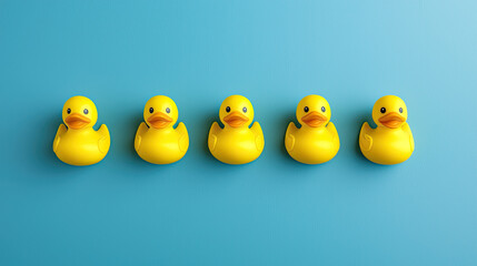 A charming display of five yellow rubber ducks lined up against a blue background, perfect for playful and cheerful imagery.