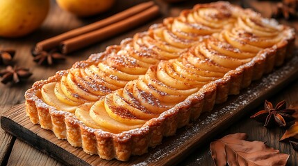 A side view of a spiced pear tart with a flaky golden crust, topped with powdered sugar and fresh...