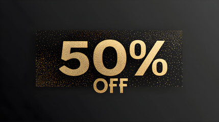 A minimalistic black Friday banner featuring a bold golden "50% off" text with sparkling details creating an eye-catching promotion design