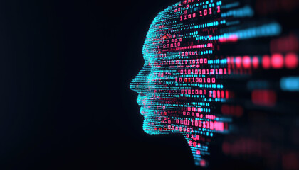 Abstract representation of a digital human face with binary code, symbolizing technology and artificial intelligence.