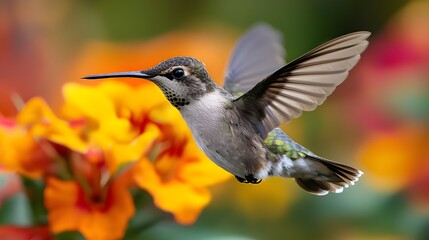 Fototapeta premium A close-up of a hummingbird hovering in front of a brightly colored flower, with its wings in rapid motion.