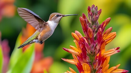 Fototapeta premium A close-up of a hummingbird hovering in front of a brightly colored flower, with its wings in rapid motion.