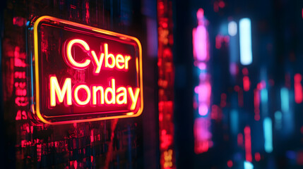 A vibrant neon cyber monday sign glowing against a dark background filled with colorful light patterns