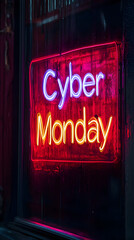 A vibrant neon cyber Monday sign glowing against a wet window, emphasizing the excitement of online shopping during holiday sales