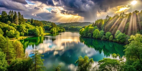 Fototapeta premium Trou de Fer after the rain is surrounded by an abundance of greenery, with the lake's calm surface mirroring the vibrant colors of the surrounding trees