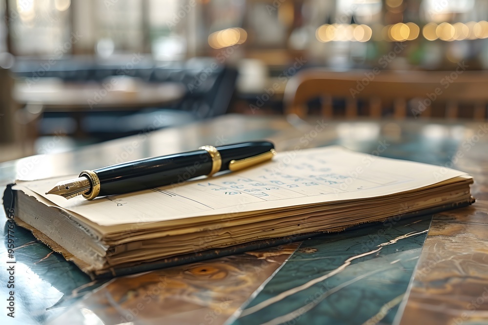 Poster elegant writing setup with a classic pen and notepad on a marble table