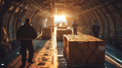 Workers Loading Cargo into Aircraft Interior. Workers manage palletized cargo inside a large aircraft during sunset, highlighting global air logistics and freight transport operations.