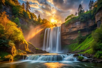 Virgin Falls in the afternoon where the late-day sun casts a warm glow on the misty veil rising from the base of the falls.