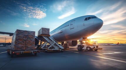 Fototapeta premium Cargo Loading onto Aircraft at Sunrise. Palletized cargo is being loaded onto an aircraft at sunrise, showcasing air freight logistics and international shipping efficiency.
