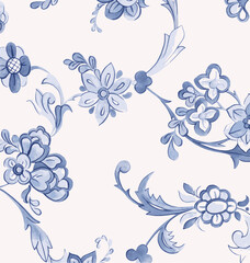 A pattern of blue flowers and vines on a white background, resembling a classic floral design.