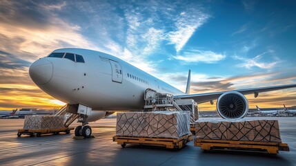 Aircraft Loading Freight at Airport at Sunset. Aircraft being loaded with cargo pallets at sunset, showcasing the global logistics and international air freight operations.
