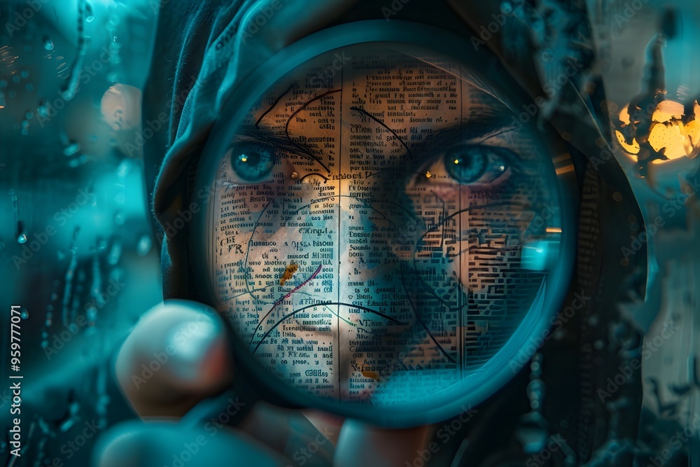 Poster intriguing close-up of a person gazing through a magnifying glass with reflections and text