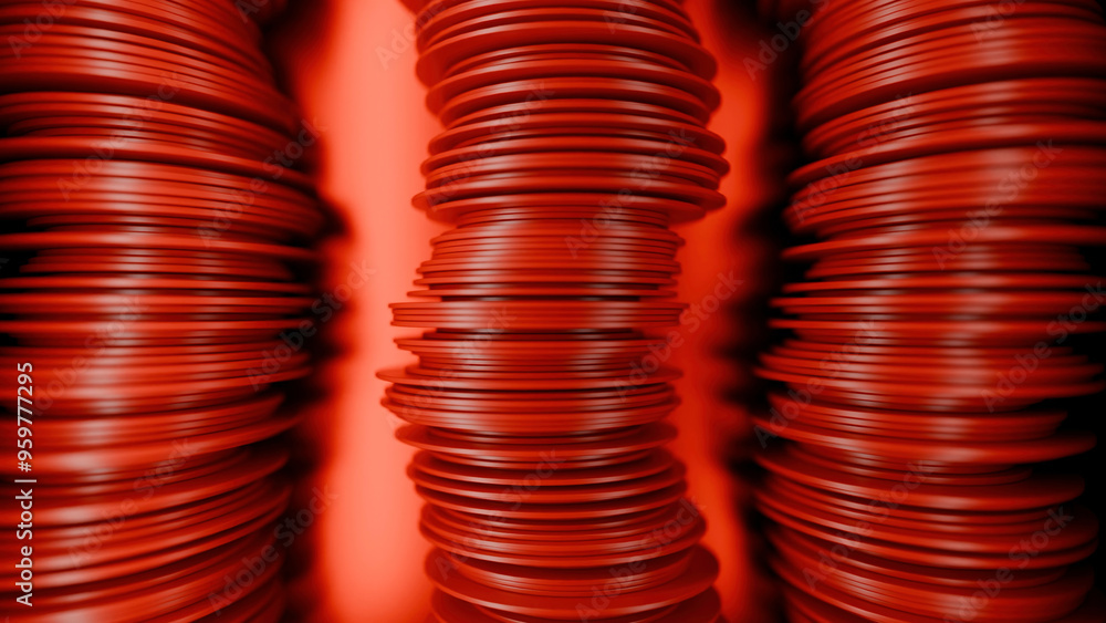 Poster abstract rows of red round discs slowly moving like snakes. design. 3d columns of flat round discs.