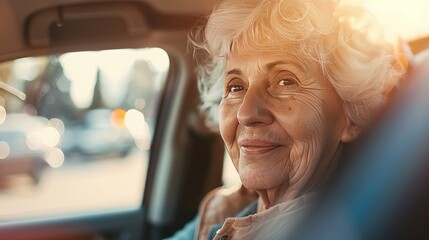 mature attractive lady driving car or riding in taxi and looking out window happy. pensioner traveling by car. elderly gray-haired woman happy in car