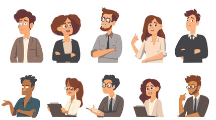 Set of puzzled and surprised office people. Problem solving and discussion. Vector flat illustration