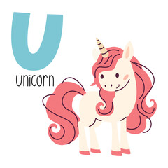 Cute flat vector illustration. Cute unicorn and letter E. Animals and letters of alphabet . Vector illustration © Alena