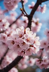 Obraz premium Sakura is blooming. Delicate pink cherry blossoms bloom beautifully on a tree branch during the spring season, filling the scene with vibrant colors and a sense of renewal in nature. Generative AI