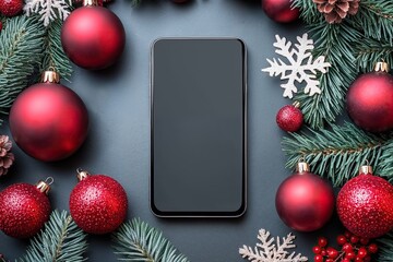 Smartphone mockup with Christmas greeting on a festive table. Generative AI