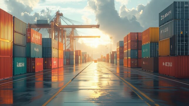 Vibrant port storage yard filled with neatly stacked shipping containers, illuminated by the setting sun, symbolizing global freight and logistics operations.