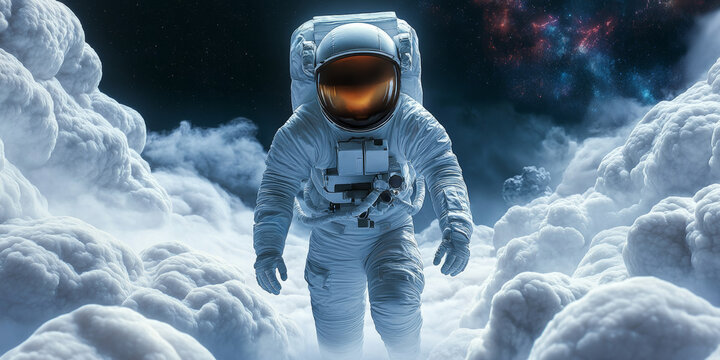 An astronaut in a space suit floating among the clouds of ice and snow, against a dark background, in a cinematic movie scene. 