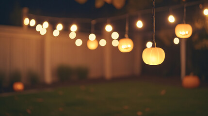 A night scene in an outdoor garden, softly lit by distant string lights casting a warm, orange glow. The background is intentionally blurred, but Halloween-themed pumpkin lights add a festive touch.