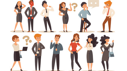 Set of puzzled and surprised office people. Problem solving and discussion. Vector flat illustration