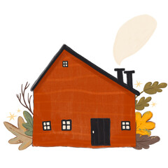 Illustration of a house with yellow leaves. Autumn illustration.