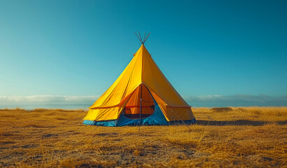 A yellow teepee is standing in a field. The teepee is open and the sky is blue