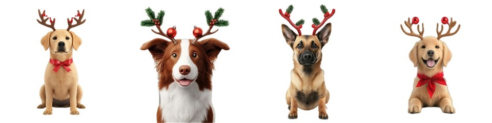 Obraz premium Four dogs are wearing reindeer antlers and bows