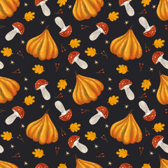Seamless pattern on a black background: orange pumpkin, amanita mushroom, autumn yellow leaf.