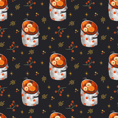 Pattern christmas punch, mulled wine with pear, apples, orange and cranberries in a saucepan.Winter hot drink with cinnamon, cloves, top view.