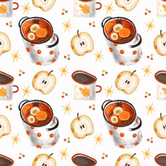 Pattern christmas punch, mulled wine with pear, apples, orange and cranberries in a saucepan.Winter hot drink with cinnamon, cloves, top view.