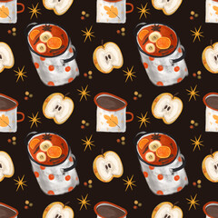 Pattern christmas punch, mulled wine with pear, apples, orange and cranberries in a saucepan.Winter hot drink with cinnamon, cloves, top view.