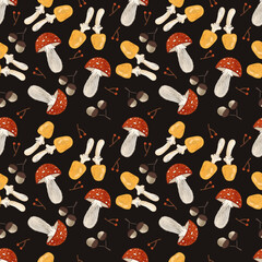 Mushroom pattern design. Autumn nature wallpaper. Wild forest pattern graphic. Mushrooms, psychedelic style background. Fantasy magic funny mushrooms. Acid print for a t-shirt.