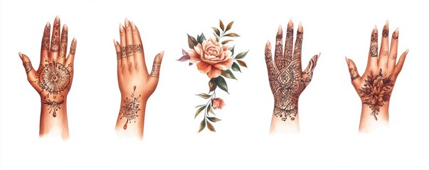 Boho style henna design featuring intricate patterns on a hand, isolated on a white background.