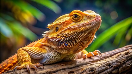 Obraz premium A vibrant citrus bearded dragon basks in the sun, its orange and yellow scales glistening with dew, its spiky 