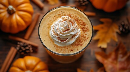 A top-down view of a pumpkin spice latte with a swirl of whipped cream and cinnamon on top, surrounded by mini pumpkins, cinnamon sticks, and autumn leaves.