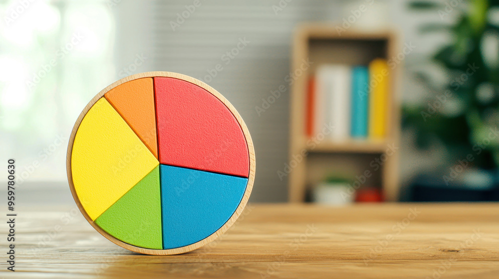 Poster a colorful pie chart model on a wooden table, representing data analysis and statistics in a home of